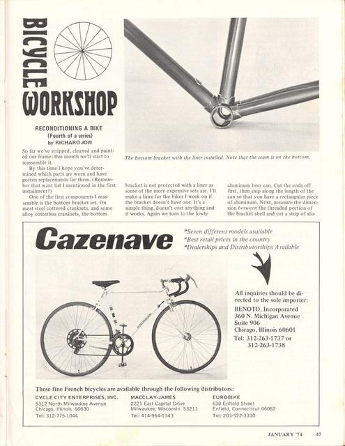 <------ Bicycling Magazine 01-1974 ------> Reconditioning A Bike - Part 4