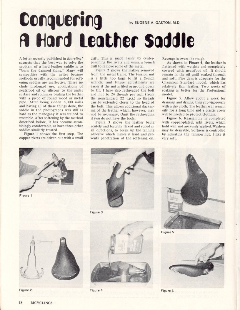 <------ Bicycling Magazine 12-1973 ------> Conquering A Hard Leather Saddle