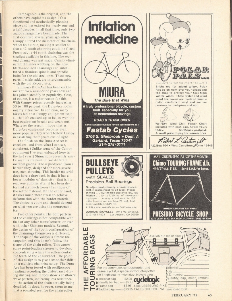 <------ Bicycling Magazine 02-1975 ------> Crankset And Chain Ring Developments