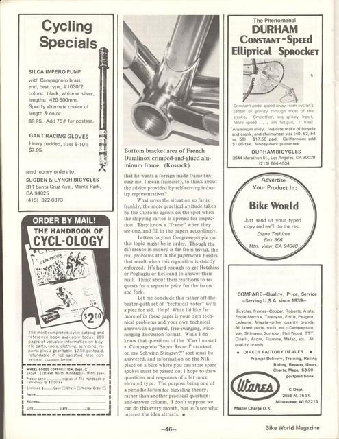 <---------- Bike World 05-1975 ----------> Technical Notes - Aluminum Frames / Zeus 2000 / Speedwell