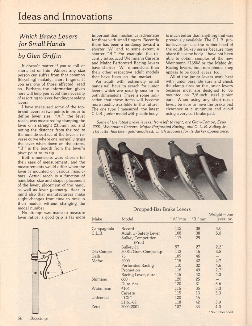 <------ Bicycling Magazine 06-1977 ------> Which Brake Levers For Small Hands