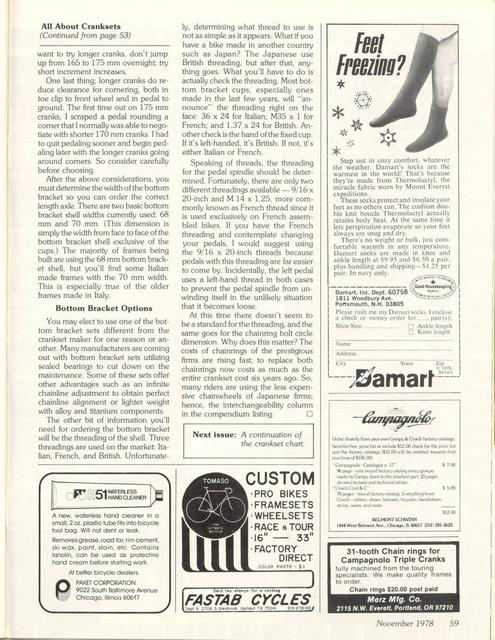 <------ Bicycling Magazine 11-1978 ------> All About Cranksets - Part 1