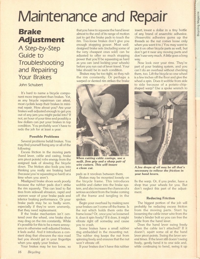 <------ Bicycling Magazine 06-1979 ------> Brake Adjustment - Part 1