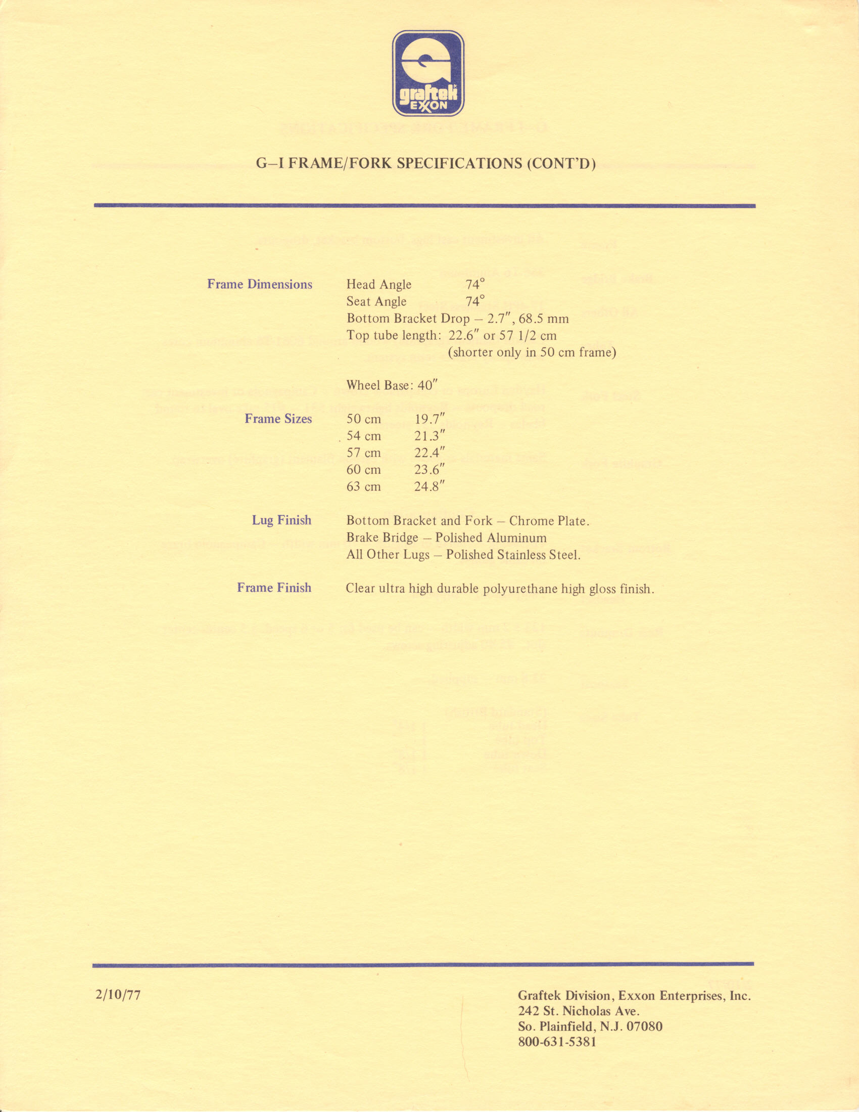 Exxon Graftek frame / fork specifications (02-10-1977)