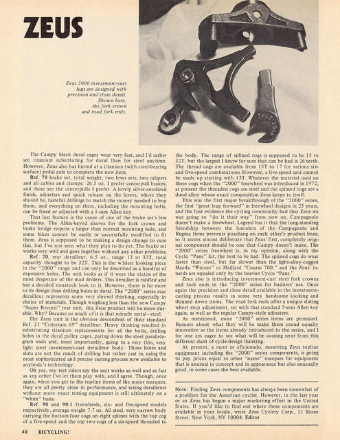 <------ Bicycling Magazine 09-1975 ------> New Zeus Components:  The 2000 Series