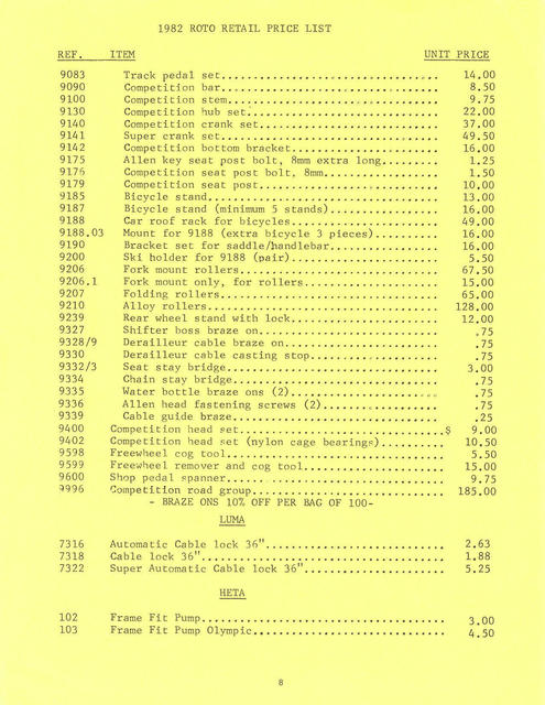 Zeus Cyclery (USA) retail price list (1982)