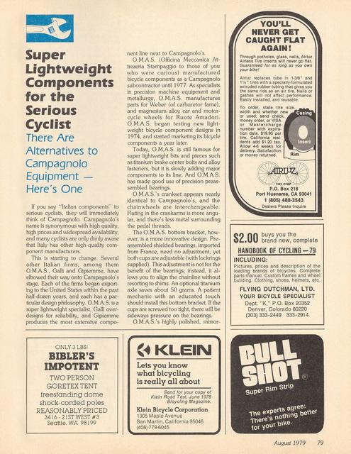 <------ Bicycling Magazine 08-1979 ------> Super Lightweight Components - OMAS