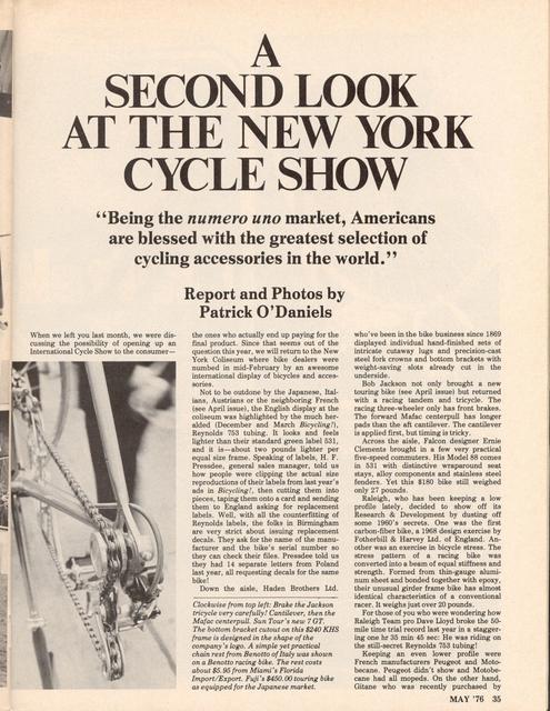 <------ Bicycling Magazine 05-1976 ------> 1976 New York City Cycle Show - Part 2