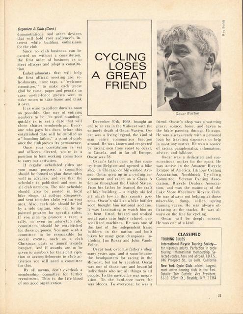 <------ Bicycling Magazine 03-1969 ------> Oscar Wastyn (obituary)