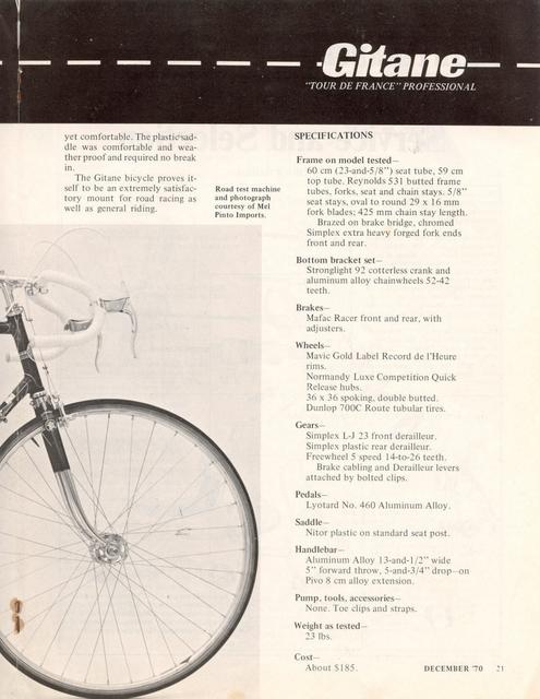 <------ Bicycling Magazine 12-1970 ------> Gitane Tour de France