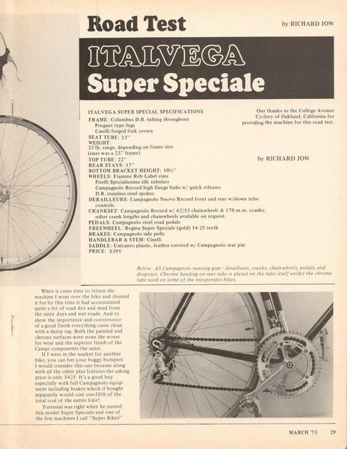<------ Bicycling Magazine 03-1973 ------> Italvega Super Speciale
