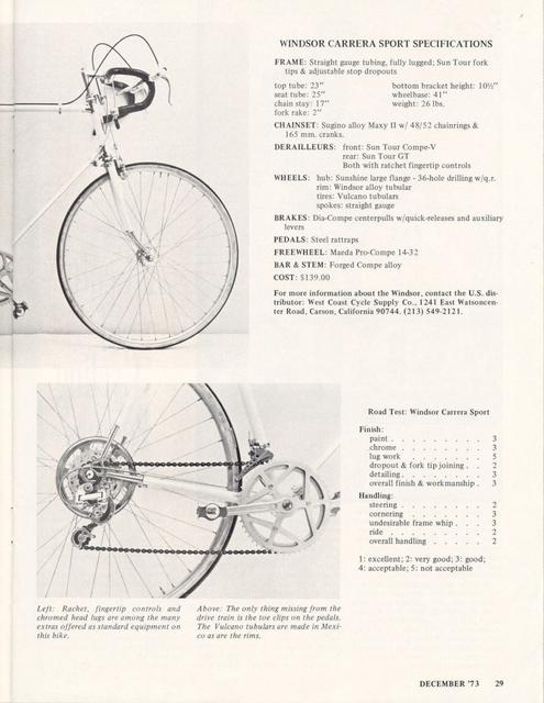 <------ Bicycling Magazine 12-1973 ------> Windsor Carrera Sport