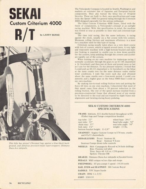 <------ Bicycling Magazine 02-1974 ------> Sekai Custom Criterium 4000