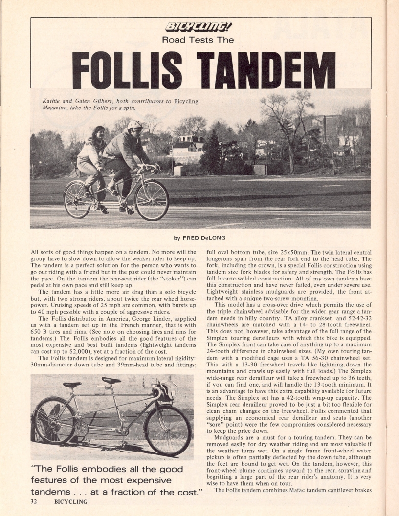 <------ Bicycling Magazine 06-1975 ------> Follis Tandem