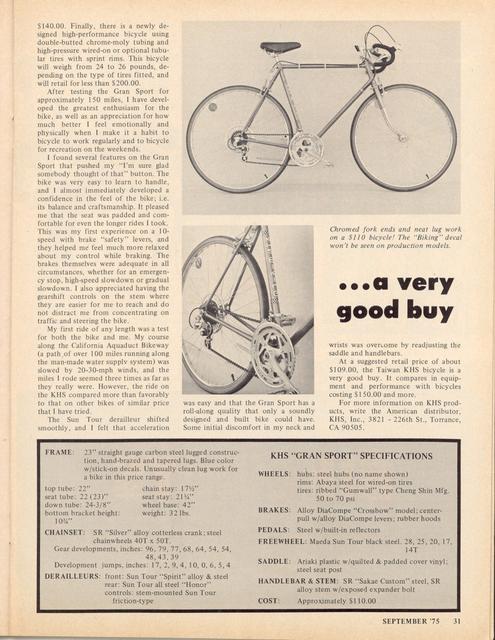 <------ Bicycling Magazine 09-1975 ------> KHS K-3 Gran Sport
