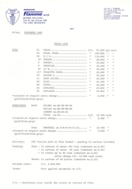 Fiamme price list (11-1985)