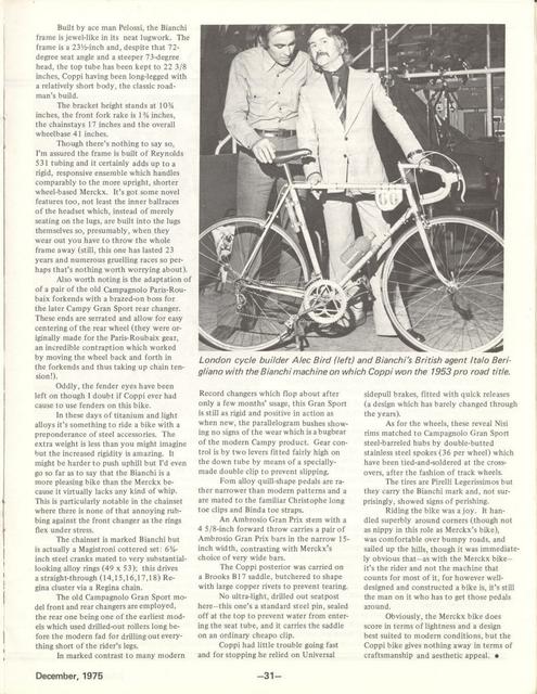<---------- Bike World 12-1975 ----------> 1953 Fausto Coppi CdM Bianchi (Pelossi)