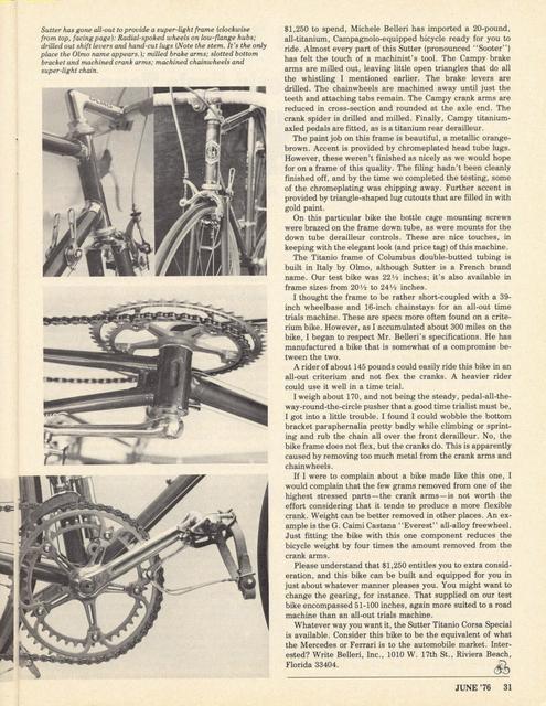 <------ Bicycling Magazine 06-1976 ------> Sutter Titanio Corsa Special