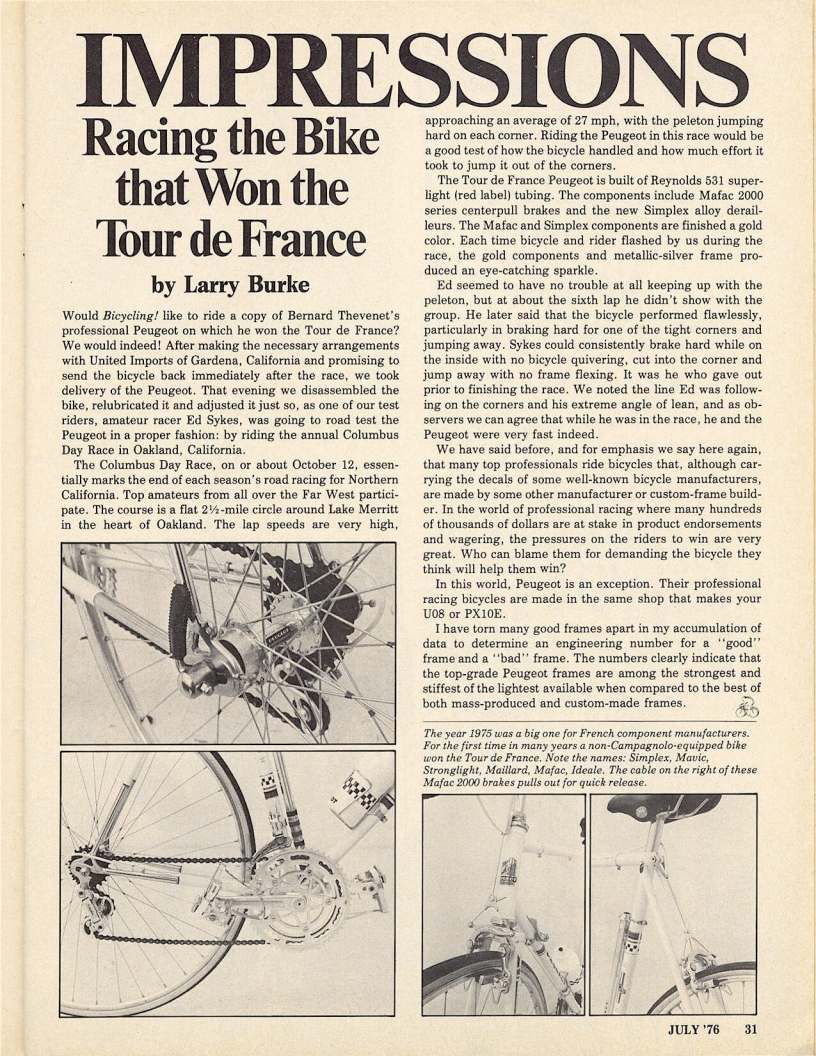 <------ Bicycling Magazine 07-1976 ------> Peugeot PY-10 (1975 TdF winning bike)