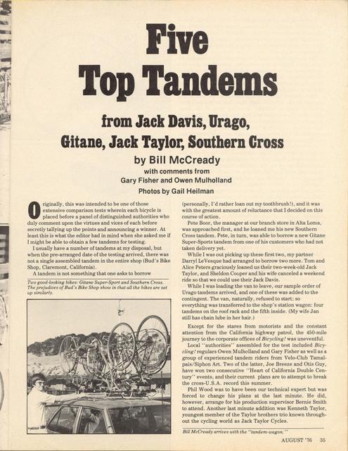 <------ Bicycling Magazine 08-1976 ------> Top 5 Tandems - Jack Davis / Urago / Gitane / Jack Taylor / Southern Cross