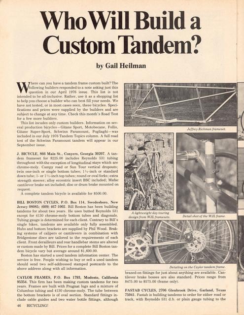 <------ Bicycling Magazine 08-1976 ------> Custom Tandem Builders