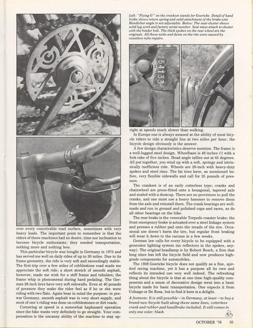 <------ Bicycling Magazine 10-1976 ------> 1938 Goericke Gentleman’s Bicycle