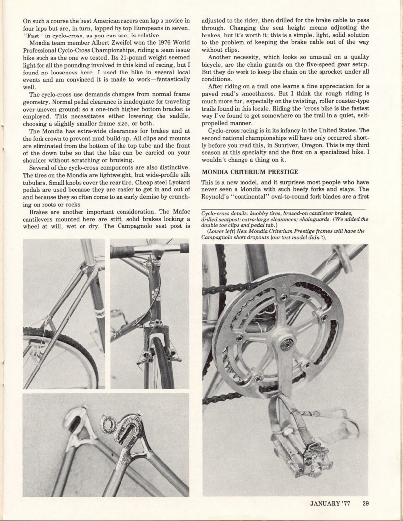 <------ Bicycling Magazine 01-1977 ------> Mondia Special / Criterium / Cyclo-Cross