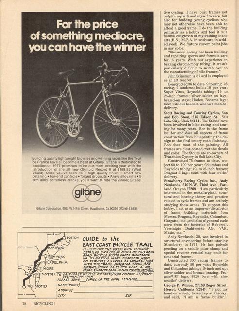 <------ Bicycling Magazine 05-1977 ------> 21 American Frame Builders