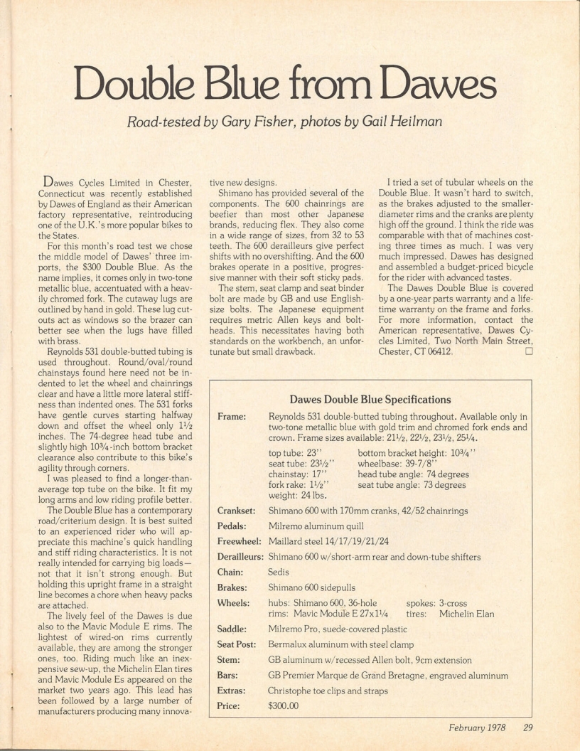<------ Bicycling Magazine 02-1978 ------> Dawes Double Blue
