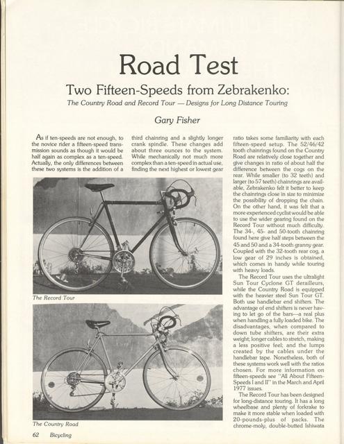 <------ Bicycling Magazine 07-1978 ------> Zebrakenko Record Tour / Country Road