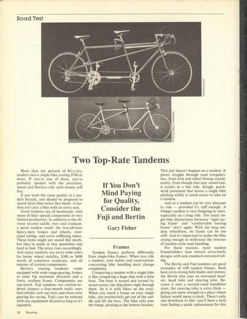 <------ Bicycling Magazine 07-1980 ------> Two Top Tandems - Fuji / Bertin