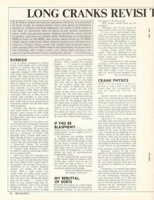 <------- Bicycling Magazine 10-1970 -------> Long Cranks Revisited