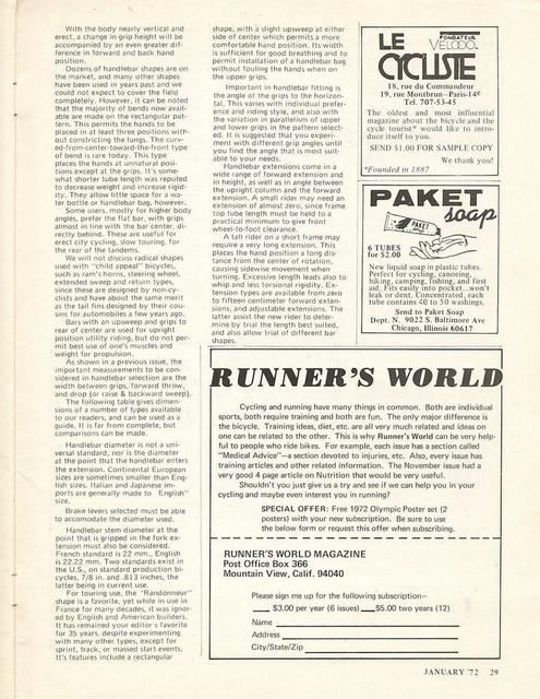 <------ Bicycling Magazine 01-1972 ------> The Custom Bicycle - Part 6 - Handlebar Options