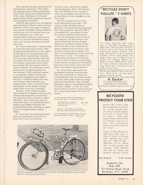 <------ Bicycling Magazine 06-1972 ------> Bicycle Stability - Part 2