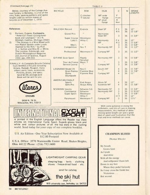 <------ Bicycling Magazine 08-1972 ------> Calculating Proper Spoke Length
