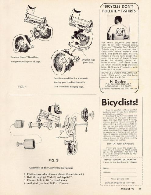 <------ Bicycling Magazine 08-1972 ------> Converting The SunTour Honor Derailleurs For Touring