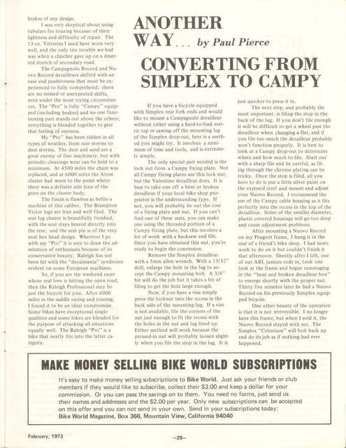 <---------- Bike World 02-1973 ----------> Converting From Simplex To Campy - Part 2
