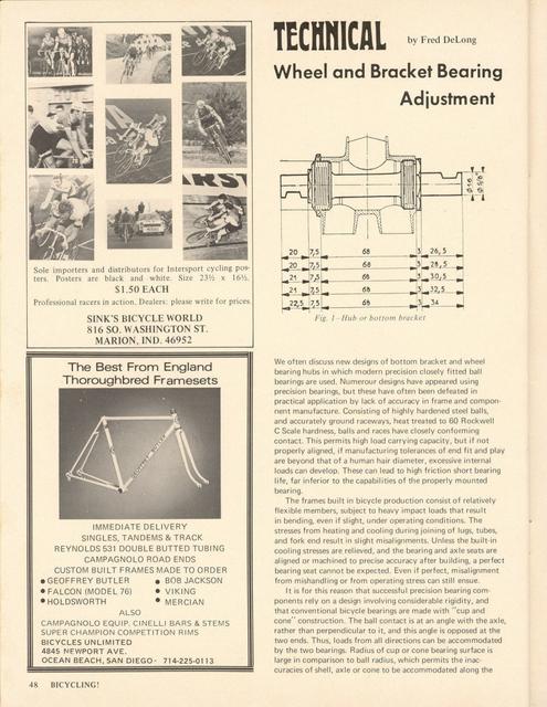 <------ Bicycling Magazine 02-1973 ------> Wheel And Bracket Bearing Adjustment