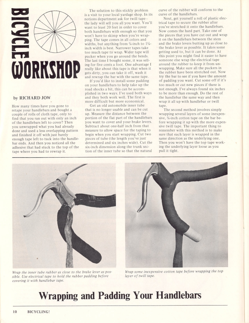 <------ Bicycling Magazine 05-1973 ------> Wrapping And Padding Your Handlebars