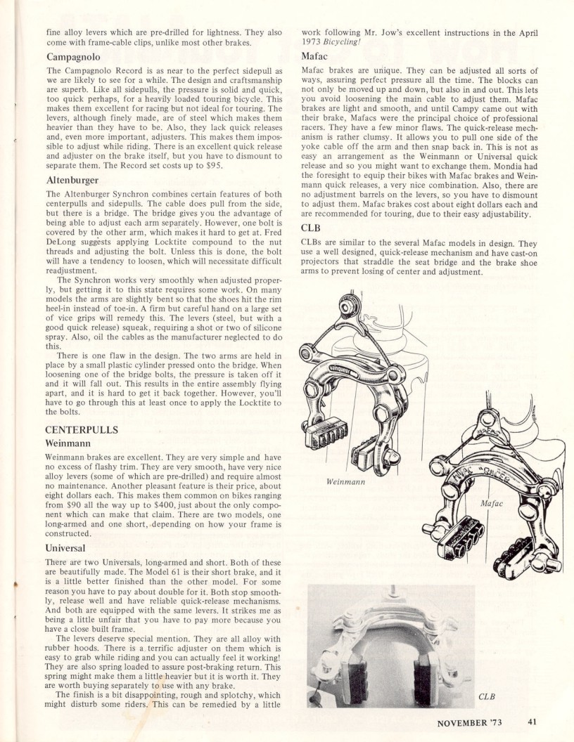<------ Bicycling Magazine 11-1973 ------> All About Brakes