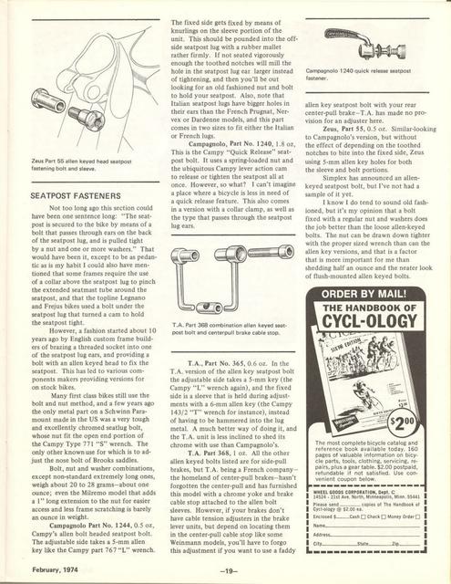 <---------- Bike World 02-1974 ----------> All About Components - Part 5 - Seat Posts / Binder Bolts