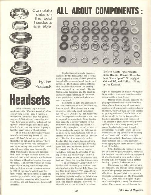 <---------- Bike World 12-1974 ----------> All About Components - Part 7 - Headsets