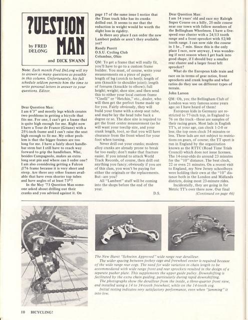 <------ Bicycling Magazine 10-1973 ------> New “Schwinn Approved” Huret Wide Range Derailleur