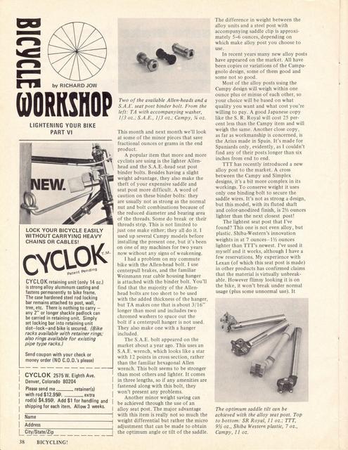 <------ Bicycling Magazine 09-1974 ------> Lightening Your Bike - Part 6