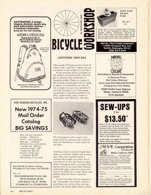 <------ Bicycling Magazine 10-1974 ------> Lightening Your Bike - Part 7