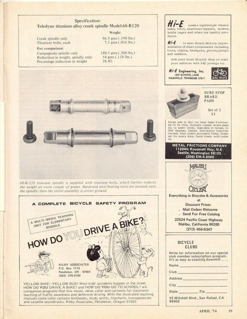 <------ Bicycling Magazine 04-1974 ------> Teledyne Titanium Bottom Bracket Spindle