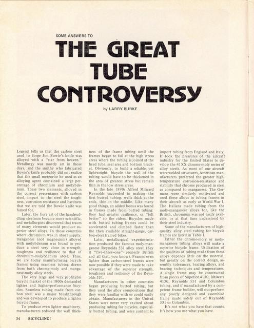 <------ Bicycling Magazine 08-1974 ------> The Great Tube Controversy