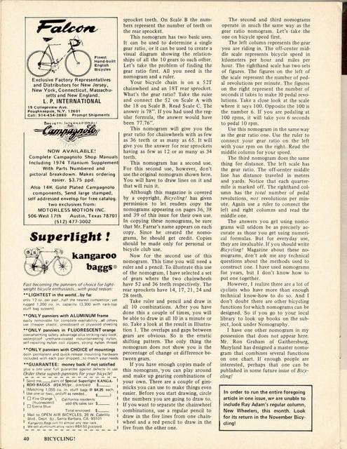 <------ Bicycling Magazine 10-1974 ------> Gearing Nomograms