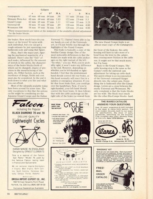 <------ Bicycling Magazine 12-1974 ------> Sidepull Brake Synopsis