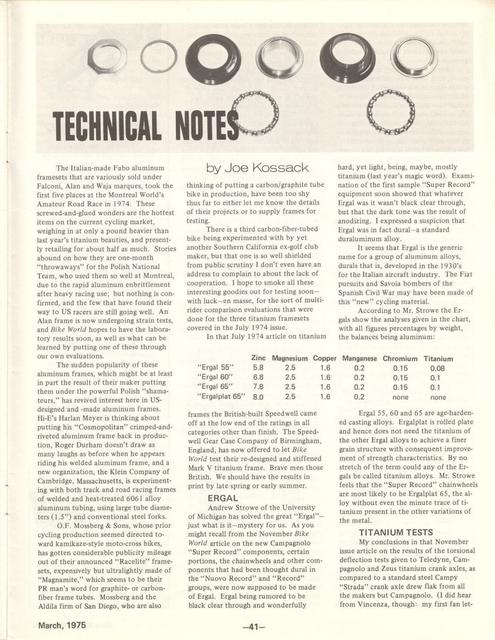 <---------- Bike World 03-1975 ----------> Technical Notes - Frameset Materials / Ergal / Titanium / Headsets